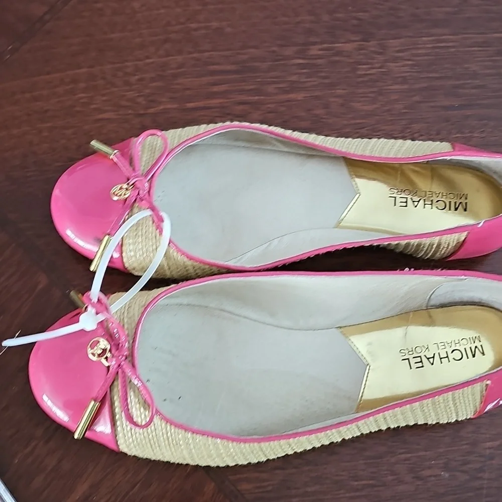 Michael Kors Jordana Pink & Straw Ballet Flats Patent MK Logo Sz 7M